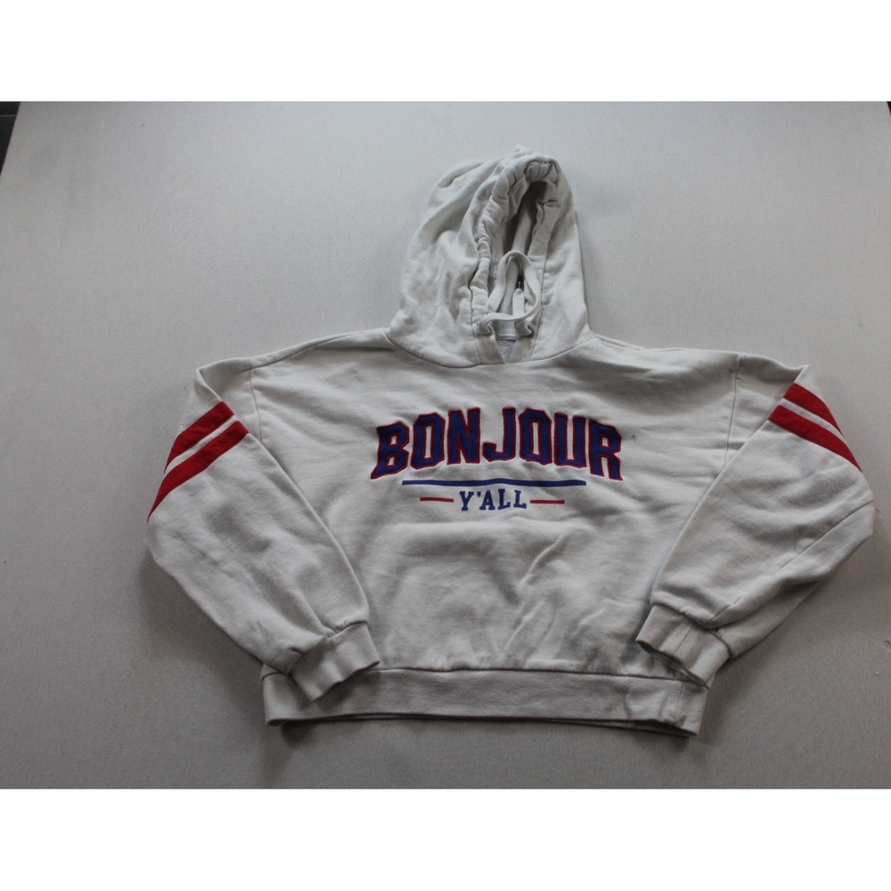 Forever 21 Sweater Women Medium White Excellent Bonjour Y'All Hooded Pullover